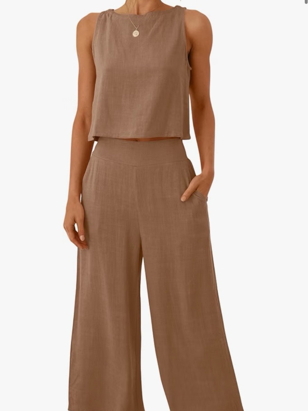Wide Leg Linen-Blend Pants Set in Taupe